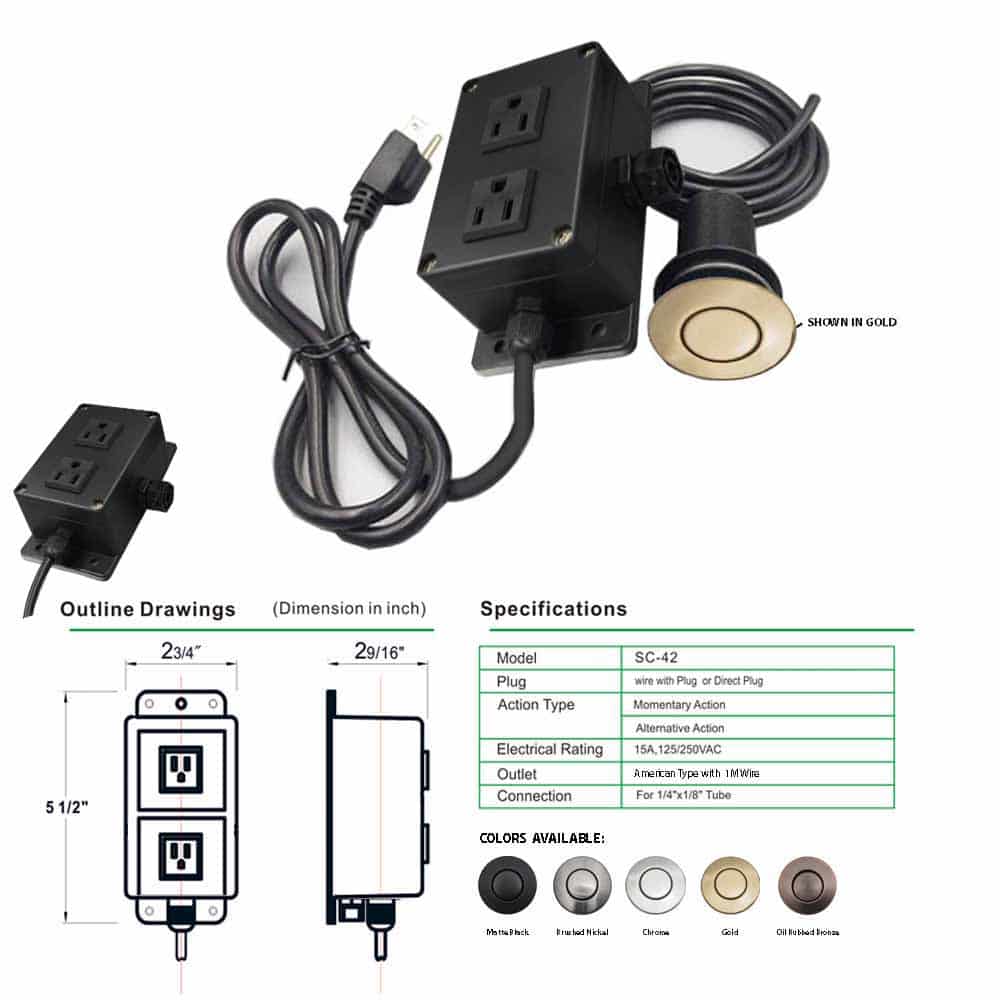 110V Dual Port US Plug Garbage Disposal Air Switch Unit Assembly