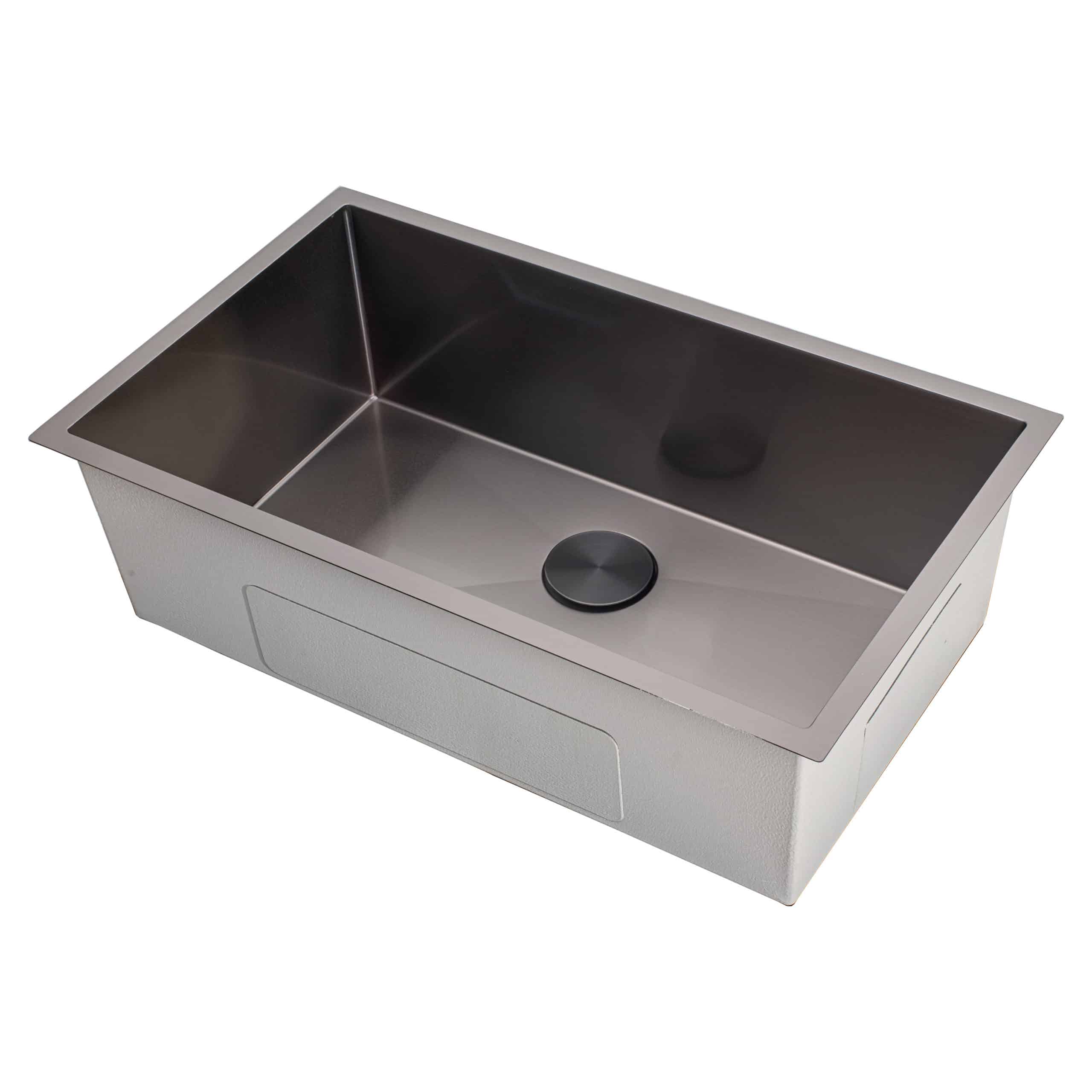 Black Stainless Steel Sink R100C-BLK-18G Angle View with Drain