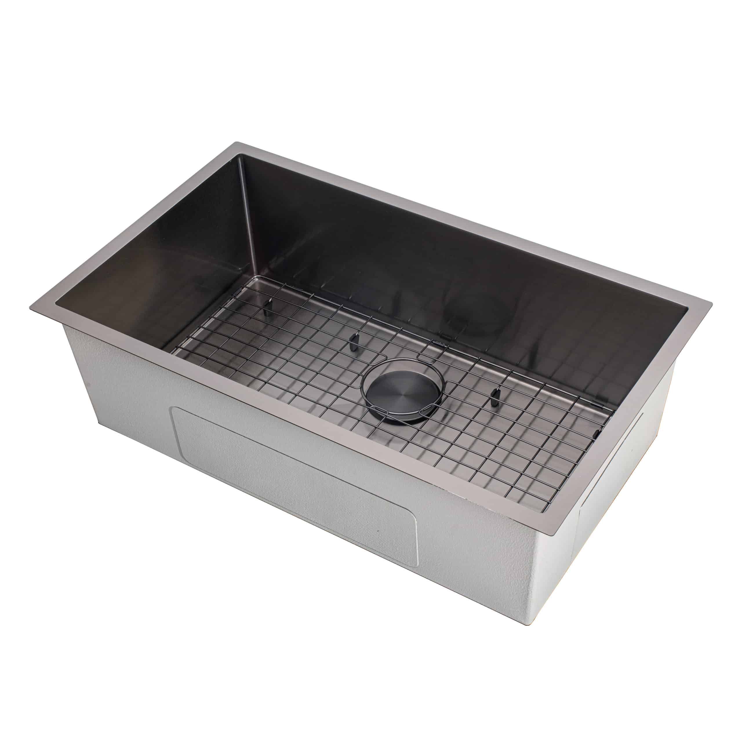 Black Stainless Steel Sink R100C-BLK-18G Angle View with Grid and Drain