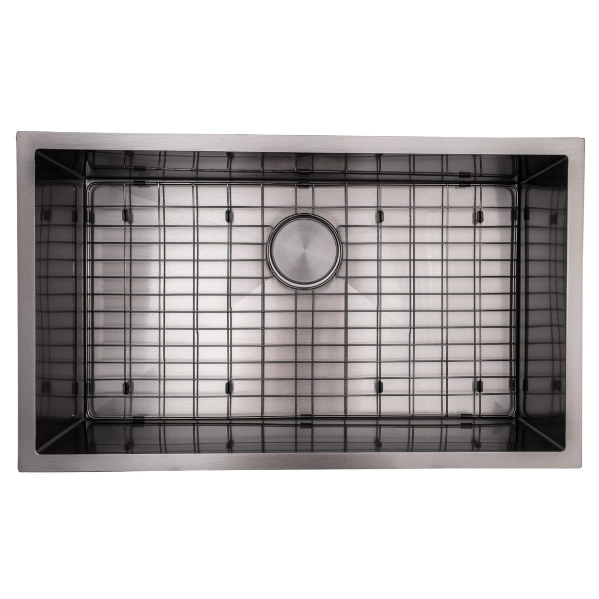 32 X 19 Modern Industrial Black Stainless Steel Single Bowl Sink   Black Stainless Steel Sink R100C BLK 18G Top View With Grid And Drain  1200x1200 