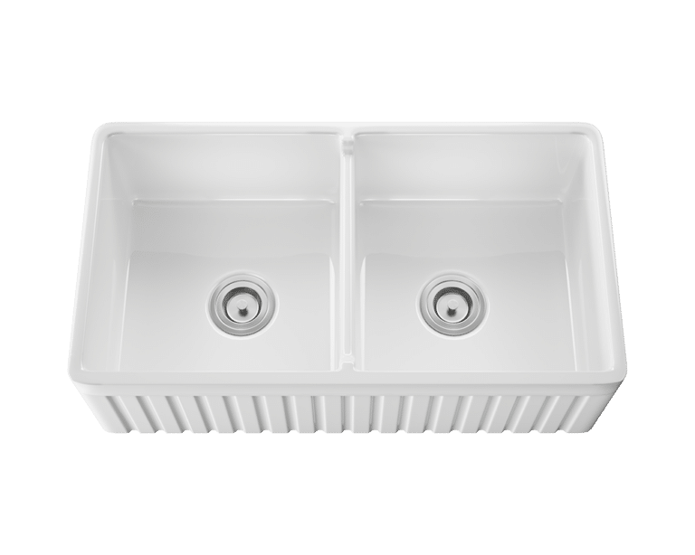 33” White Double Equal Bowl Fireclay Farmhouse Apron Sink 416