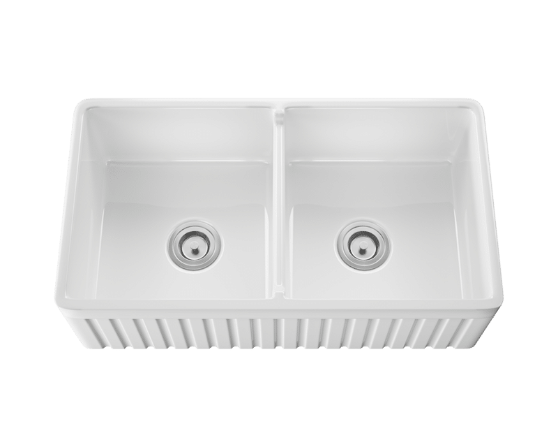 33” White Double Equal Bowl Fireclay Farmhouse Apron Sink 416