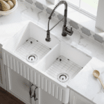 33” White Double Equal Bowl Fireclay Farmhouse Apron Sink (416)