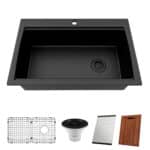 33" x 22" x 10" Dual-Mount Single Bowl Workstation Quartz Sink with Offset Drain + Workstation Kit - (Q100WS)
