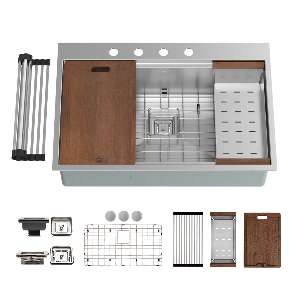 33″ x 22″ x 10" Stainless Steel Dual Mount Workstation Single Bowl 16 Gauge Kitchen Sink - (TMR100WS) - Image 1