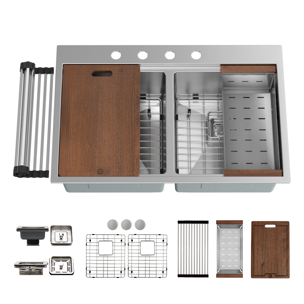33″ x 22″ x 10" Stainless Steel Dual Mount Workstation Double Equal Bowl 16 Gauge Kitchen Sink - (TMR5050WS) - Image 1