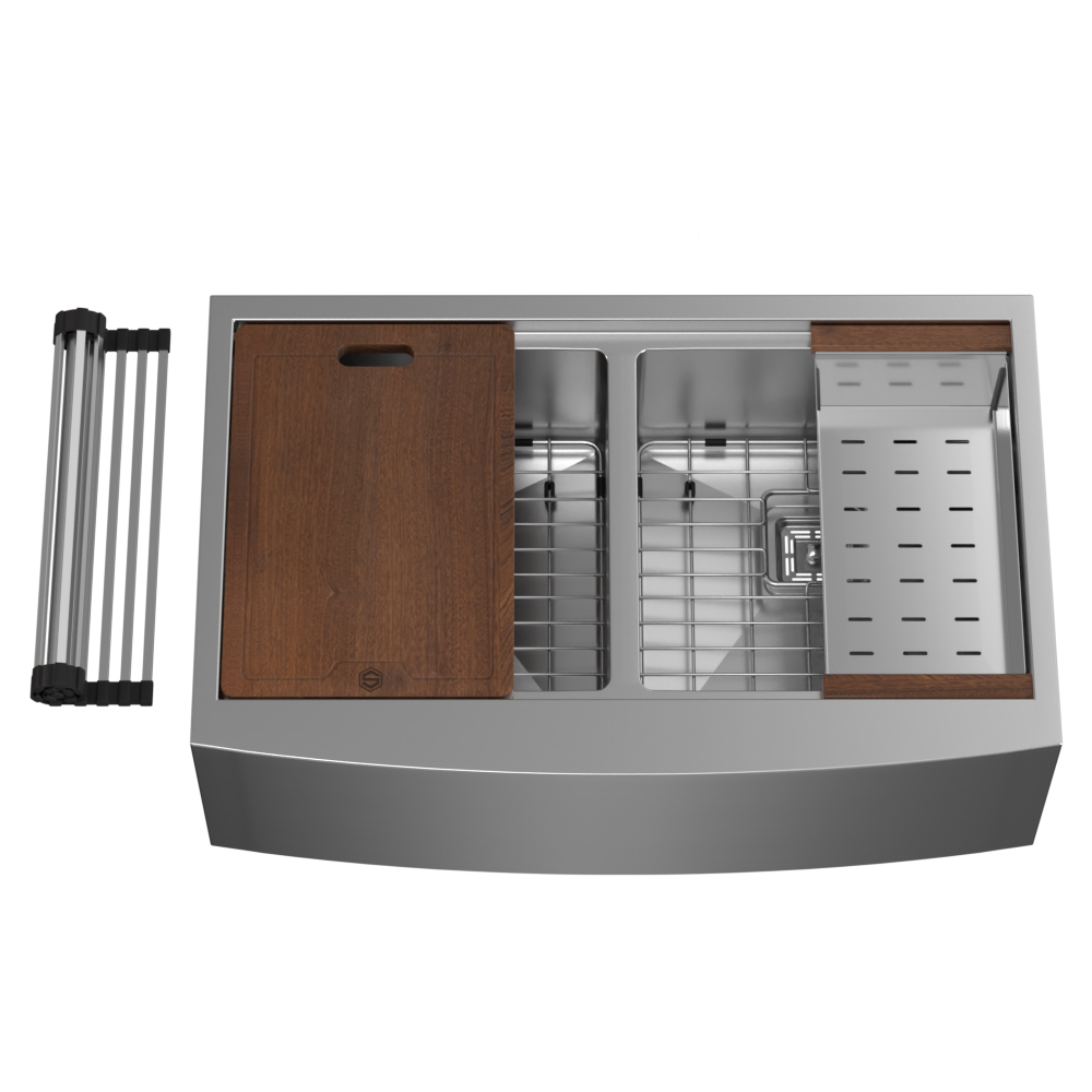 33″ x 21″ x 10″ Stainless Steel Apron Double Bowl Workstation 16 Gauge 1/2″ Radius Kitchen Sink - (SA33215050WS) - Image 5