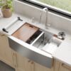 33″ x 21″ x 10″ Stainless Steel Apron Double Bowl Workstation 16 Gauge 1/2″ Radius Kitchen Sink - (SA33215050WS) - Thumbnail Image 2