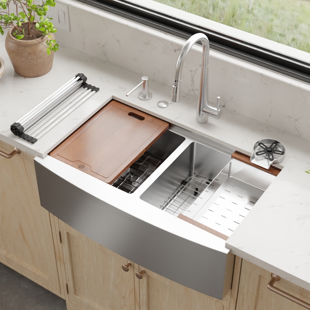 33″ x 21″ x 10″ Stainless Steel Apron Double Bowl Workstation 16 Gauge 1/2″ Radius Kitchen Sink - (SA33215050WS) - Image 2