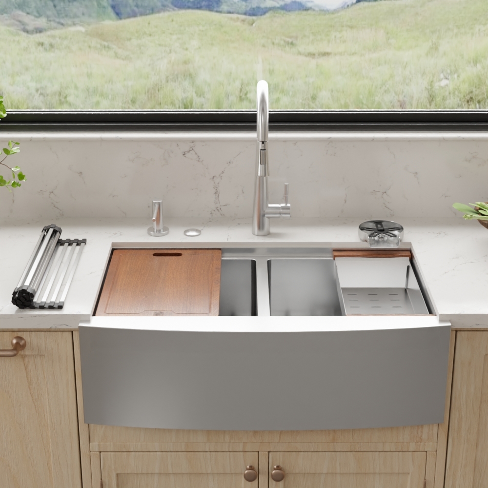 33″ x 21″ x 10″ Stainless Steel Apron Double Bowl Workstation 16 Gauge 1/2″ Radius Kitchen Sink - (SA33215050WS) - Image 3