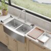 33″ x 21″ x 10″ Stainless Steel Apron Double Bowl Workstation 16 Gauge 1/2″ Radius Kitchen Sink - (SA33215050WS) - Thumbnail Image 4