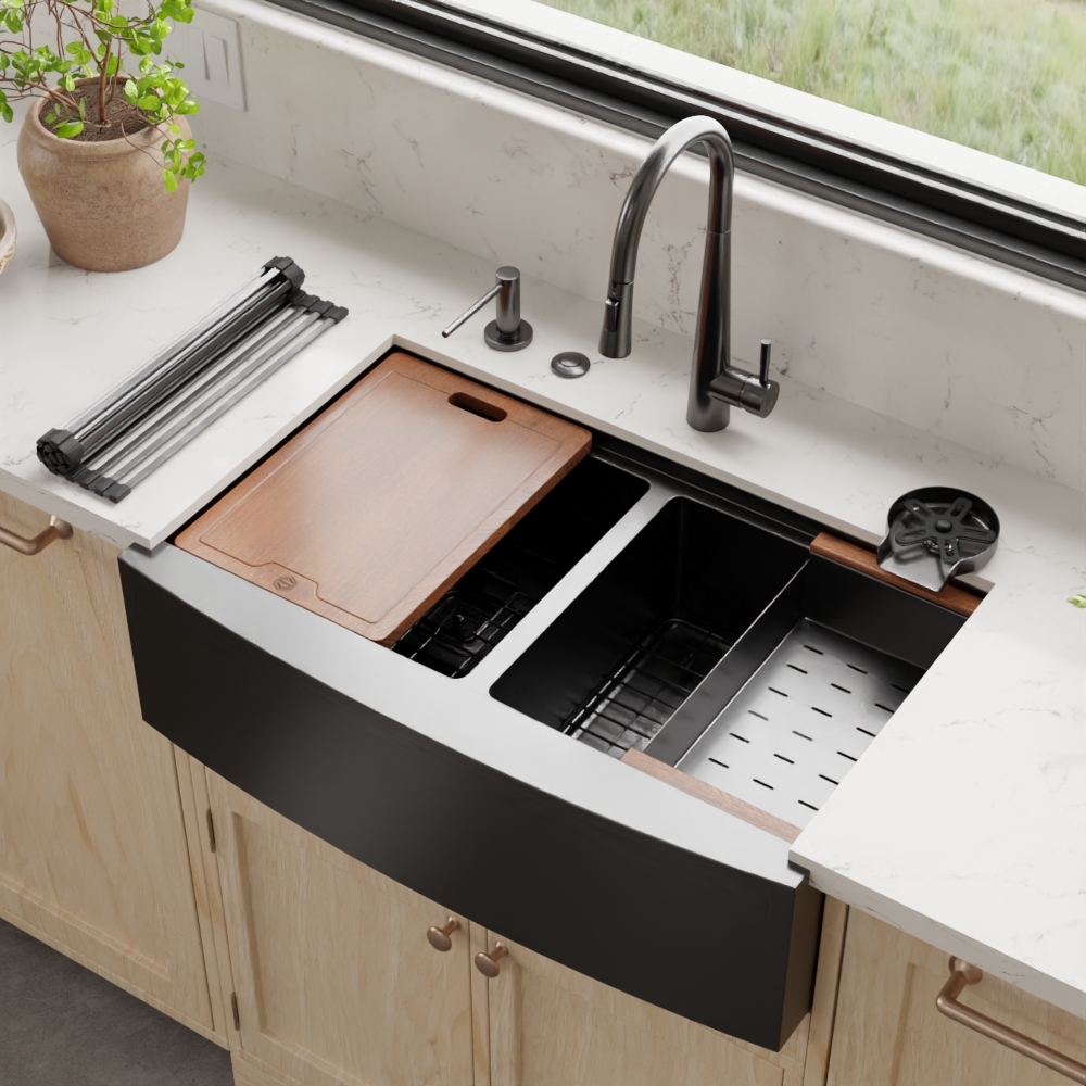 33″ x 21″ x 10″ Stainless Steel Apron Double Bowl Workstation 16 Gauge 1/2″ Radius Kitchen Sink - (SA33215050WS) - Image 20