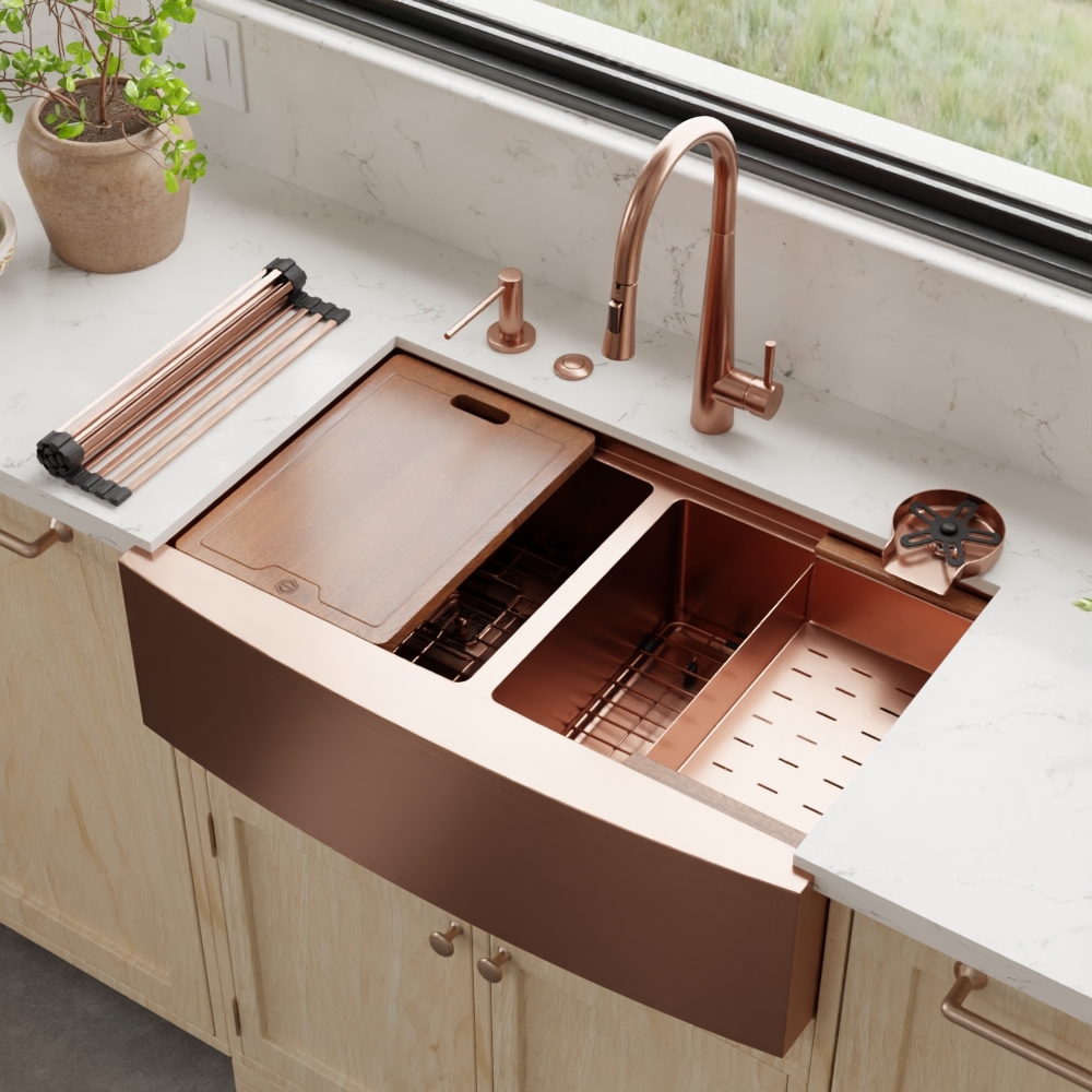 33″ x 21″ x 10″ Stainless Steel Apron Double Bowl Workstation 16 Gauge 1/2″ Radius Kitchen Sink - (SA33215050WS) - Image 29