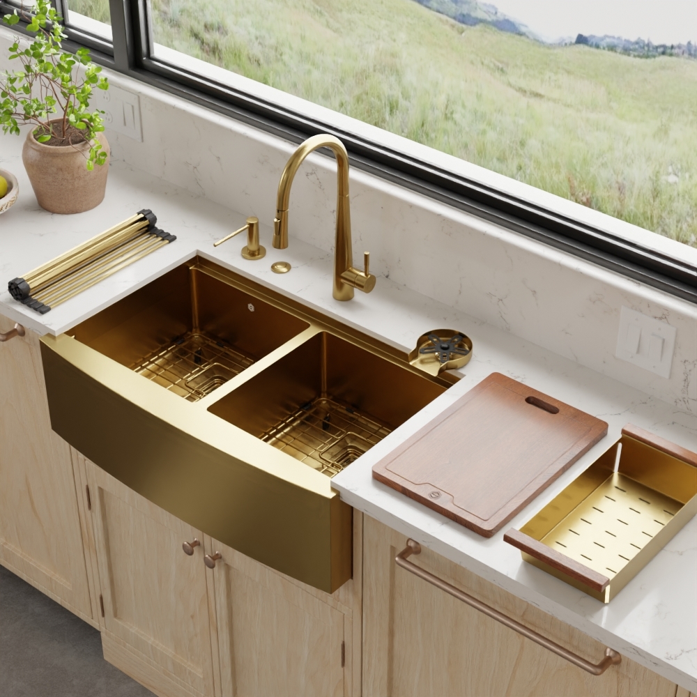 33″ x 21″ x 10″ Stainless Steel Apron Double Bowl Workstation 16 Gauge 1/2″ Radius Kitchen Sink - (SA33215050WS) - Image 13