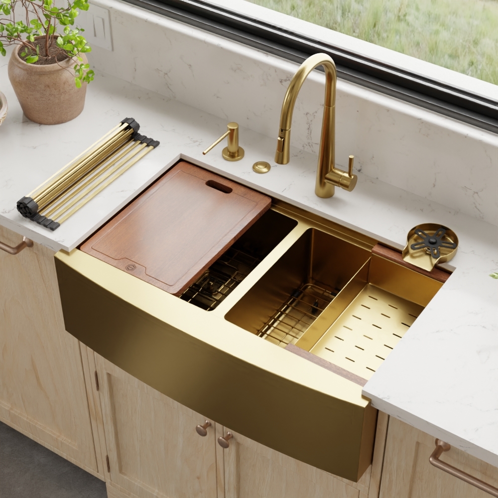33″ x 21″ x 10″ Stainless Steel Apron Double Bowl Workstation 16 Gauge 1/2″ Radius Kitchen Sink - (SA33215050WS) - Image 11