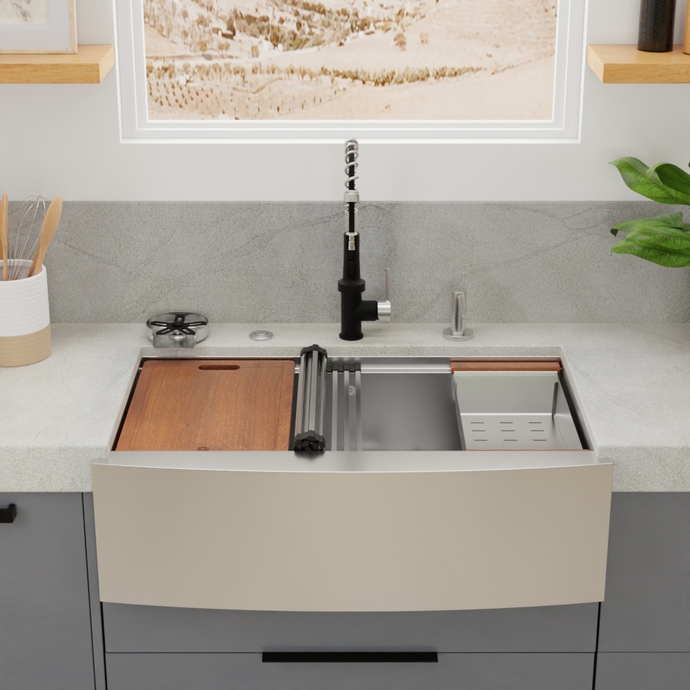 33″ x 21″ x 10″ Stainless Steel Apron Single Bowl Workstation 16 Gauge 1/2″ Radius Kitchen Sink - (SA3321WS) - Image 2