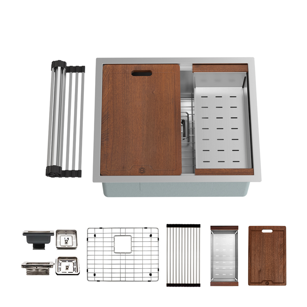 23" x 19-1/2" x 9" Stainless Steel Undermount Single Bowl 16 Gauge Workstation Sink - (N21WS) - Image 1