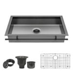 (New) Stainless Steel and Brushed Gold or Black Semi-Recessed Apron-Front Kitchen Sink with Towel Bar (Available in *18"/*25"/33"/36"/*42" x 21" x 8") - TBSA
