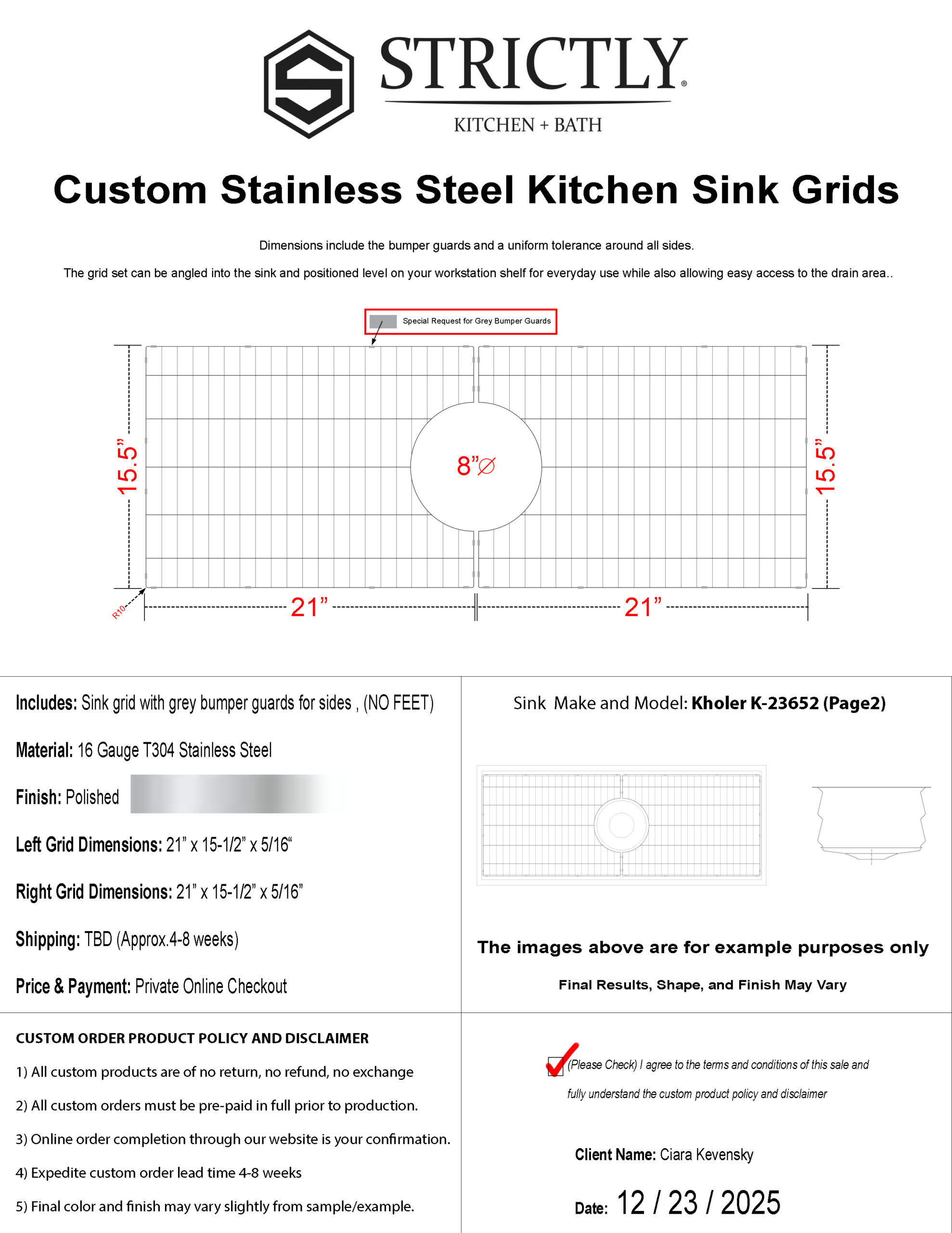 Custom Stainless Steel Kitchen Sink Grid Set for Kholer K-23652 ...