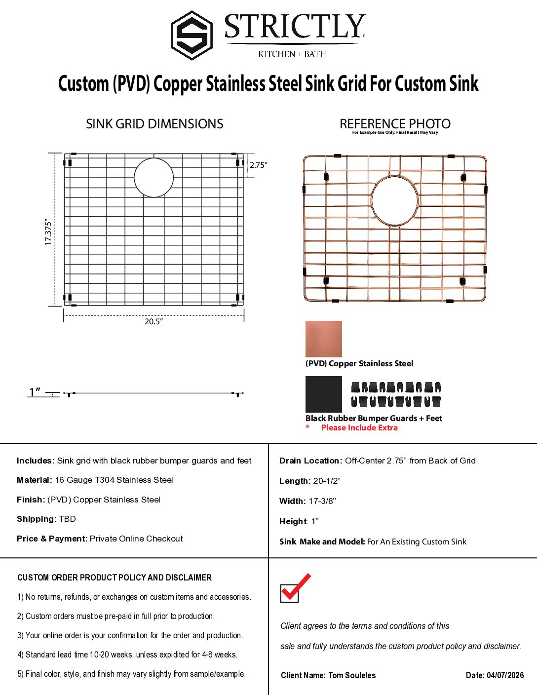 Custom Copper Stainless Steel Sink Grid For Custom Sink | T. Souleles ...
