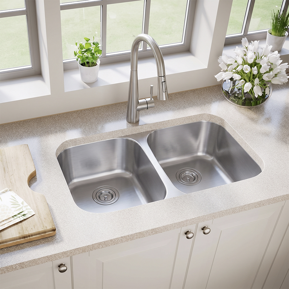 29-3/4" x 18" x 9" Stainless Steel Undermount Double Bowl Kitchen Sink with Off-Center Drains - (D285050) - Image 2