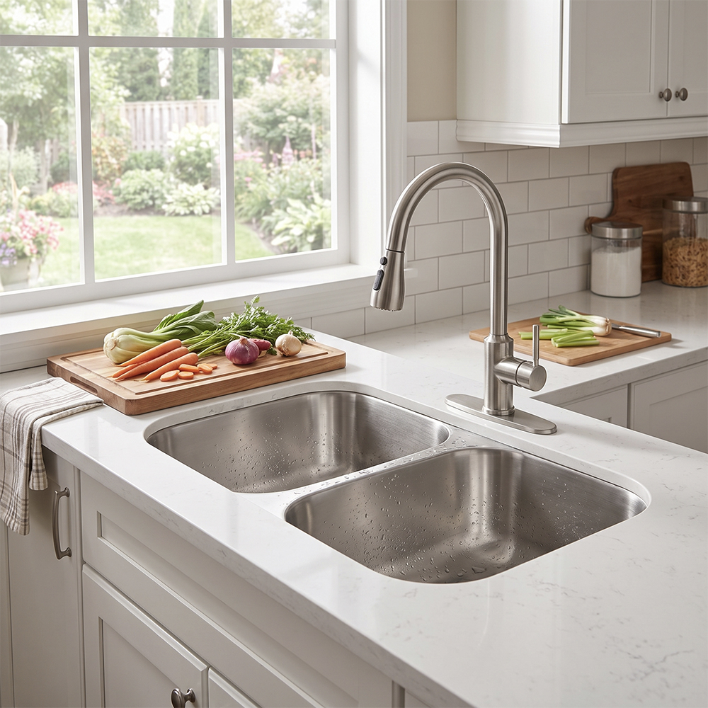 29-3/4" x 18" x 9" Stainless Steel Undermount Double Bowl Kitchen Sink with Off-Center Drains - (D285050) - Image 3